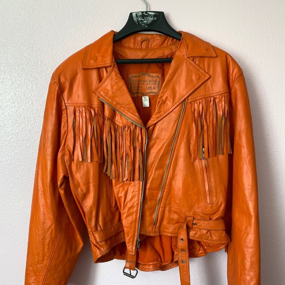 Orange Leather Moto Jacket with Fringe